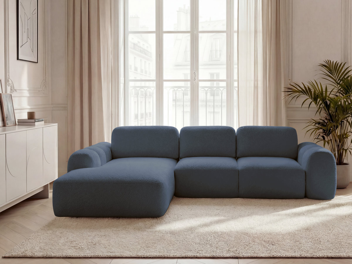 Canapé d'angle convertible coffre grande méridienne MONTAIGNE tissu bouclette