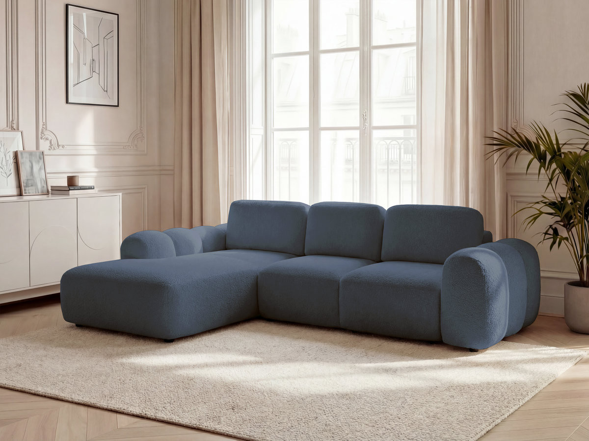 Canapé d'angle convertible coffre grande méridienne MONTAIGNE tissu bouclette