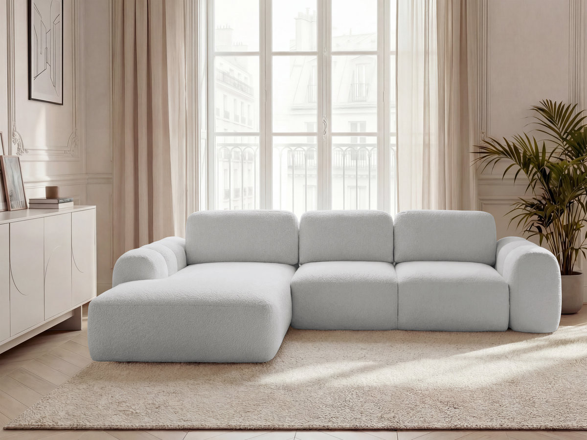 Canapé d'angle convertible coffre grande méridienne MONTAIGNE tissu bouclette