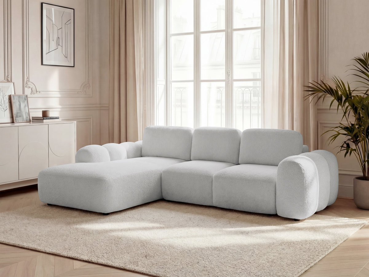 Canapé d'angle convertible coffre grande méridienne MONTAIGNE tissu bouclette