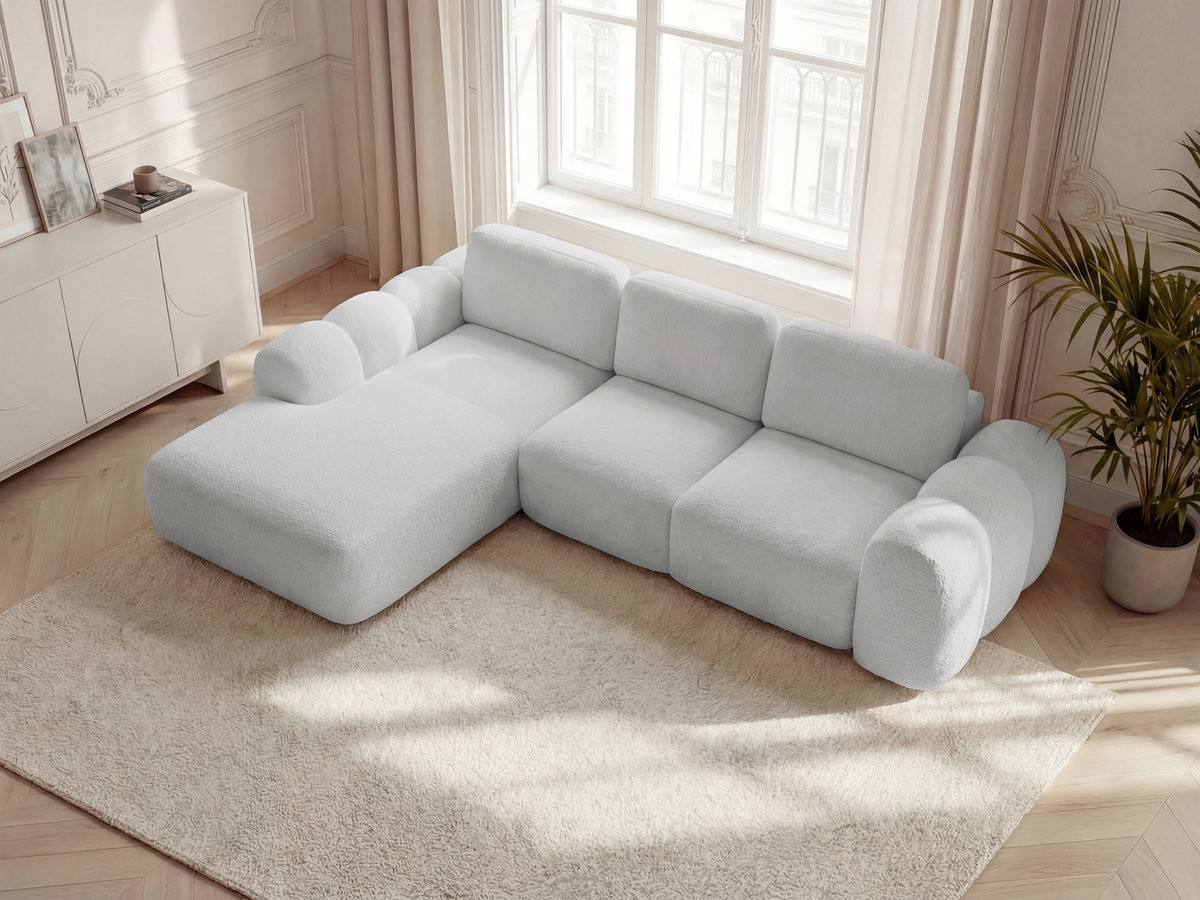 Canapé d'angle convertible coffre grande méridienne MONTAIGNE tissu bouclette