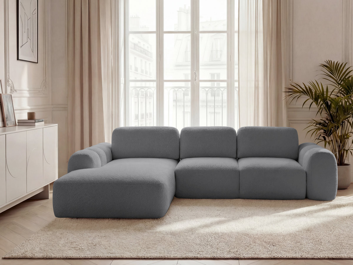 Canapé d'angle convertible coffre grande méridienne MONTAIGNE tissu bouclette