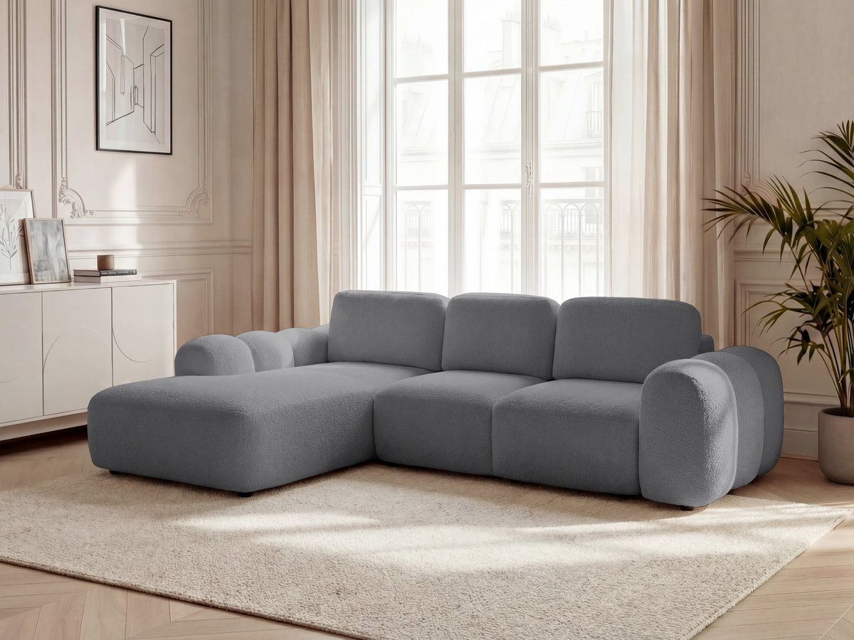 Canapé d'angle convertible coffre grande méridienne MONTAIGNE tissu bouclette