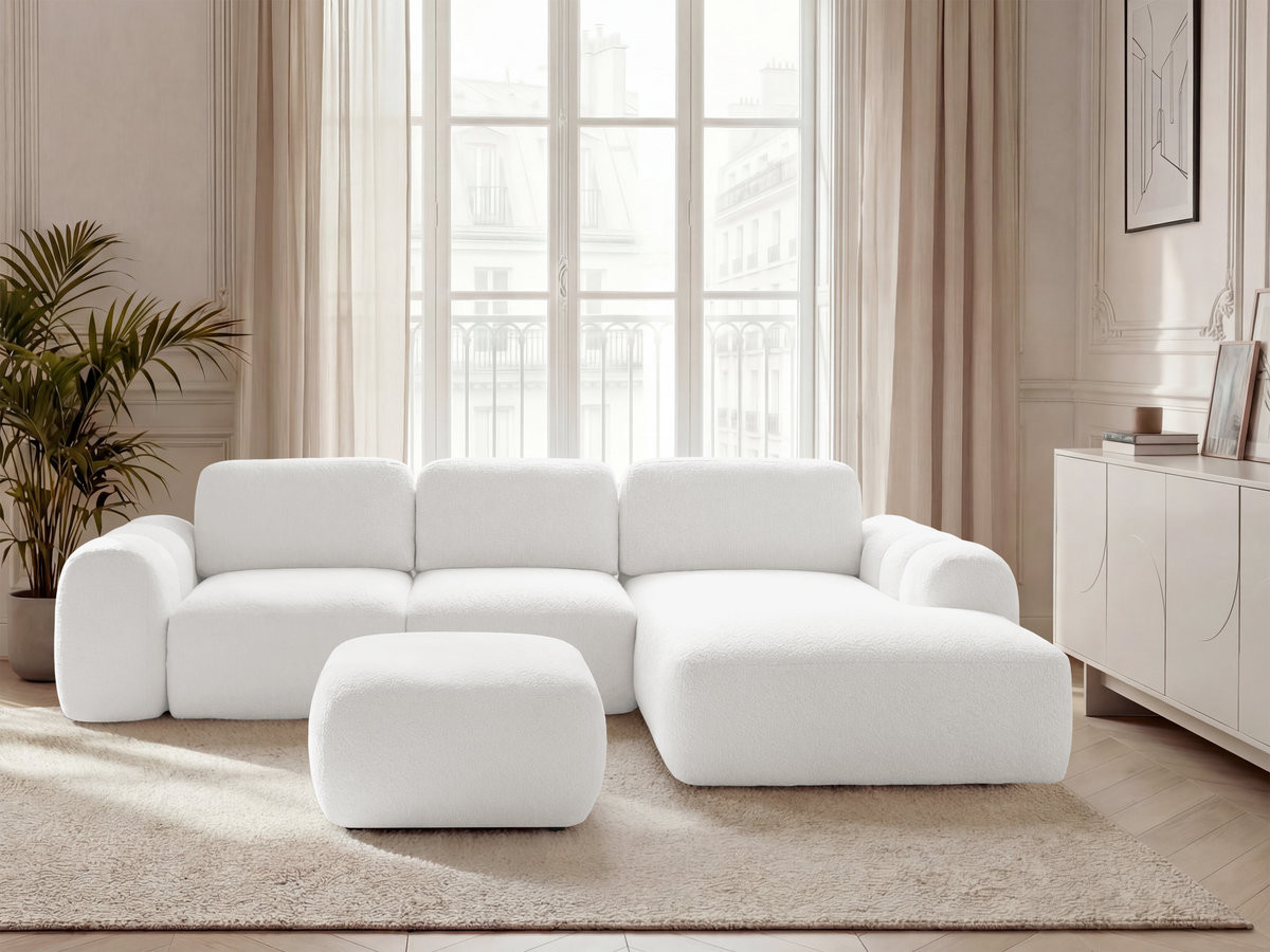 Canapé d'angle convertible coffre grande méridienne MONTAIGNE bouclette avec pouf blanc — vue 4