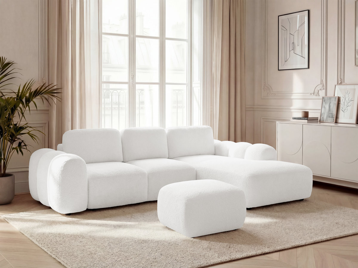 Canapé d'angle convertible coffre grande méridienne MONTAIGNE bouclette avec pouf blanc