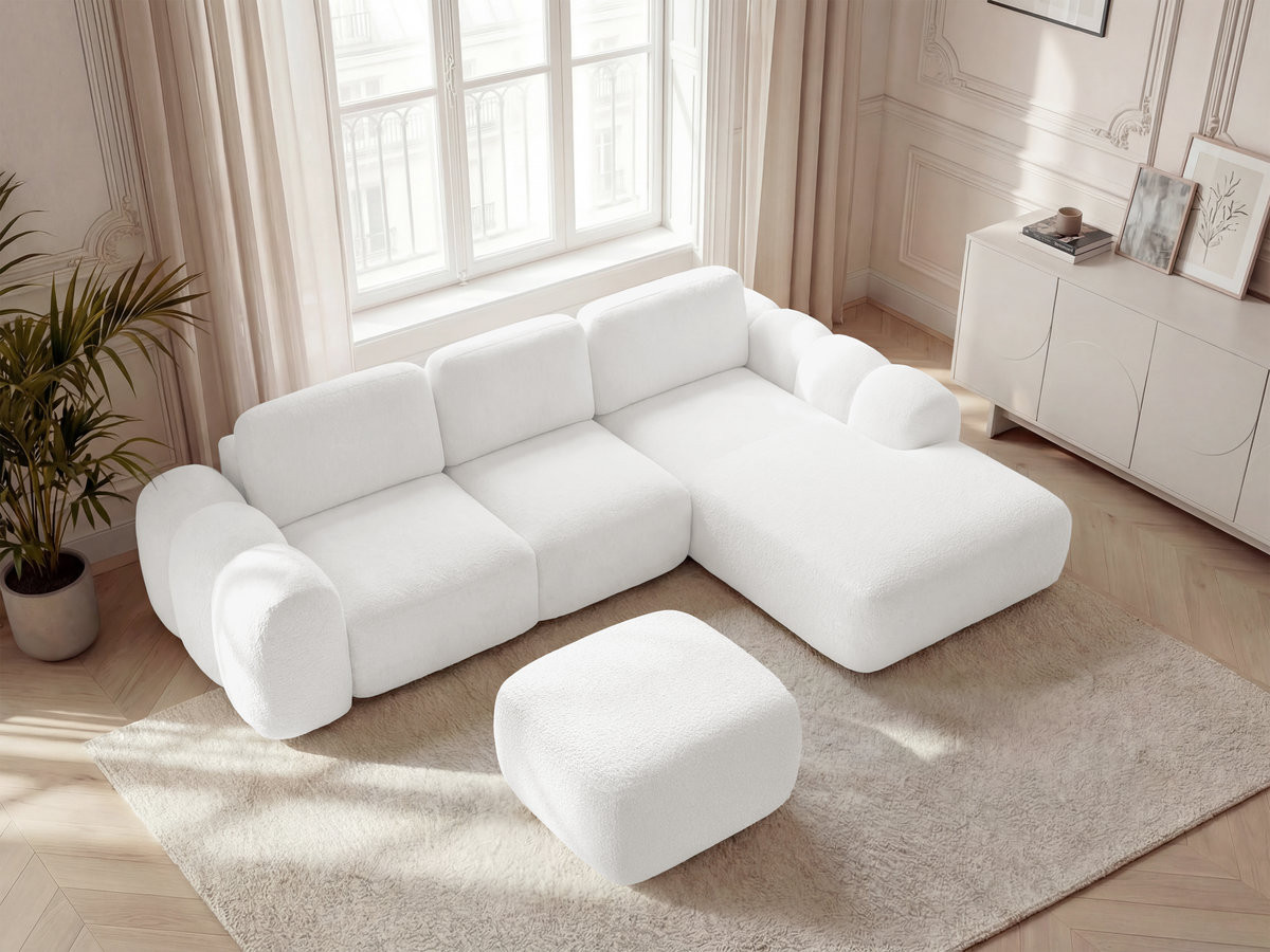 Canapé d'angle convertible coffre grande méridienne MONTAIGNE tissu bouclette avec pouf