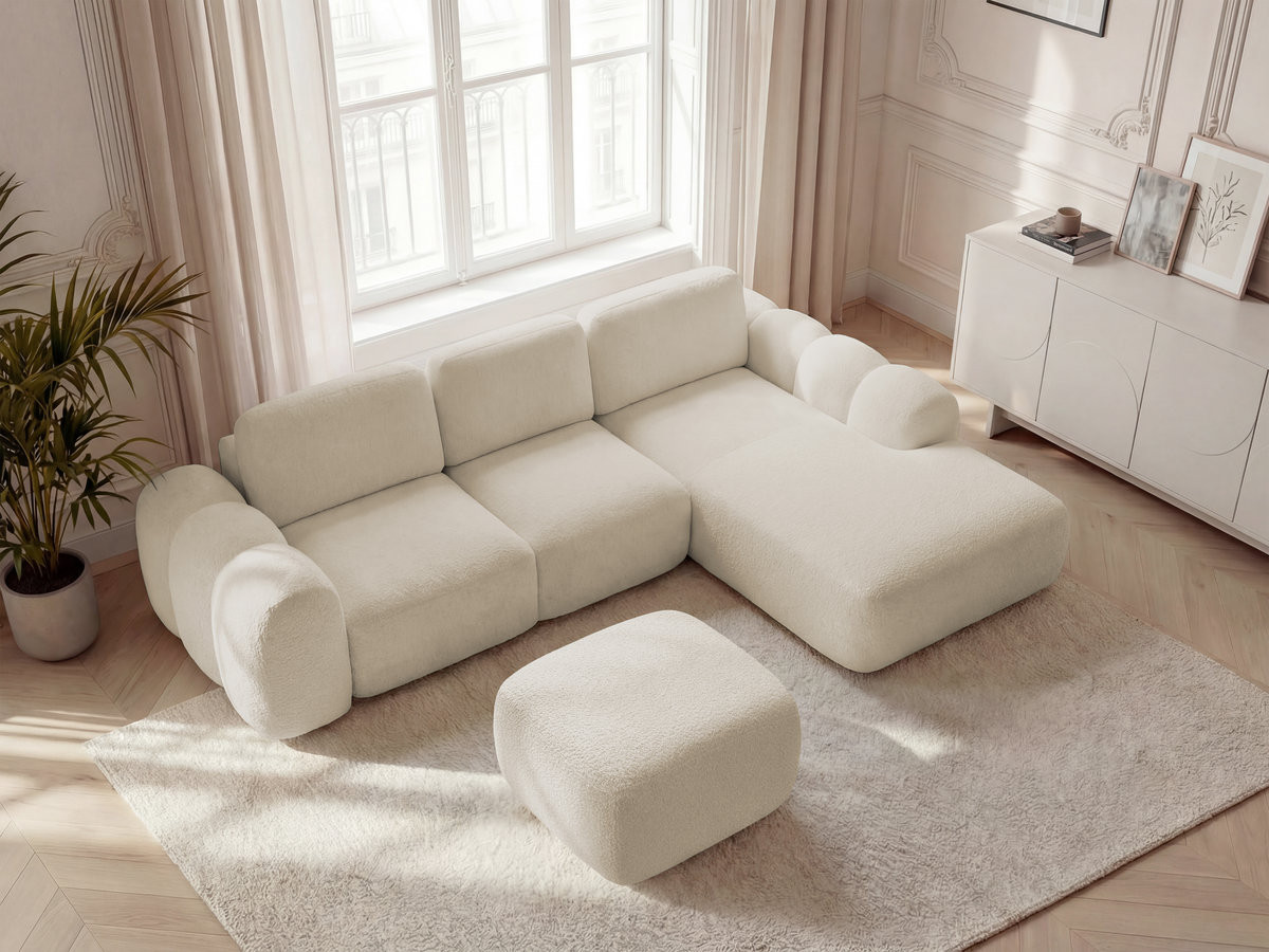 Canapé d'angle convertible coffre grande méridienne MONTAIGNE tissu bouclette avec pouf