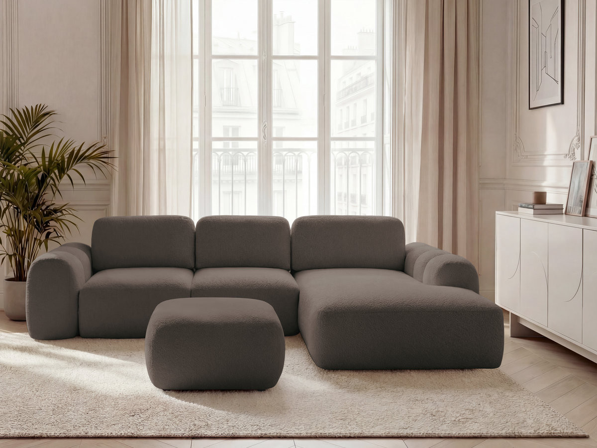 Canapé d'angle convertible coffre grande méridienne MONTAIGNE tissu bouclette avec pouf