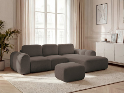 Canapé d'angle convertible coffre grande méridienne MONTAIGNE tissu bouclette avec pouf