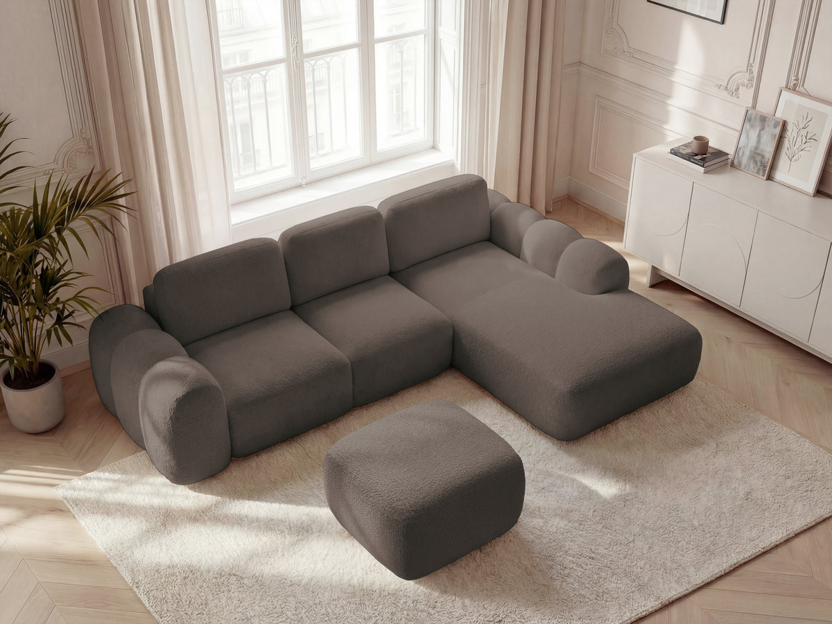 Canapé d'angle convertible coffre grande méridienne MONTAIGNE tissu bouclette avec pouf