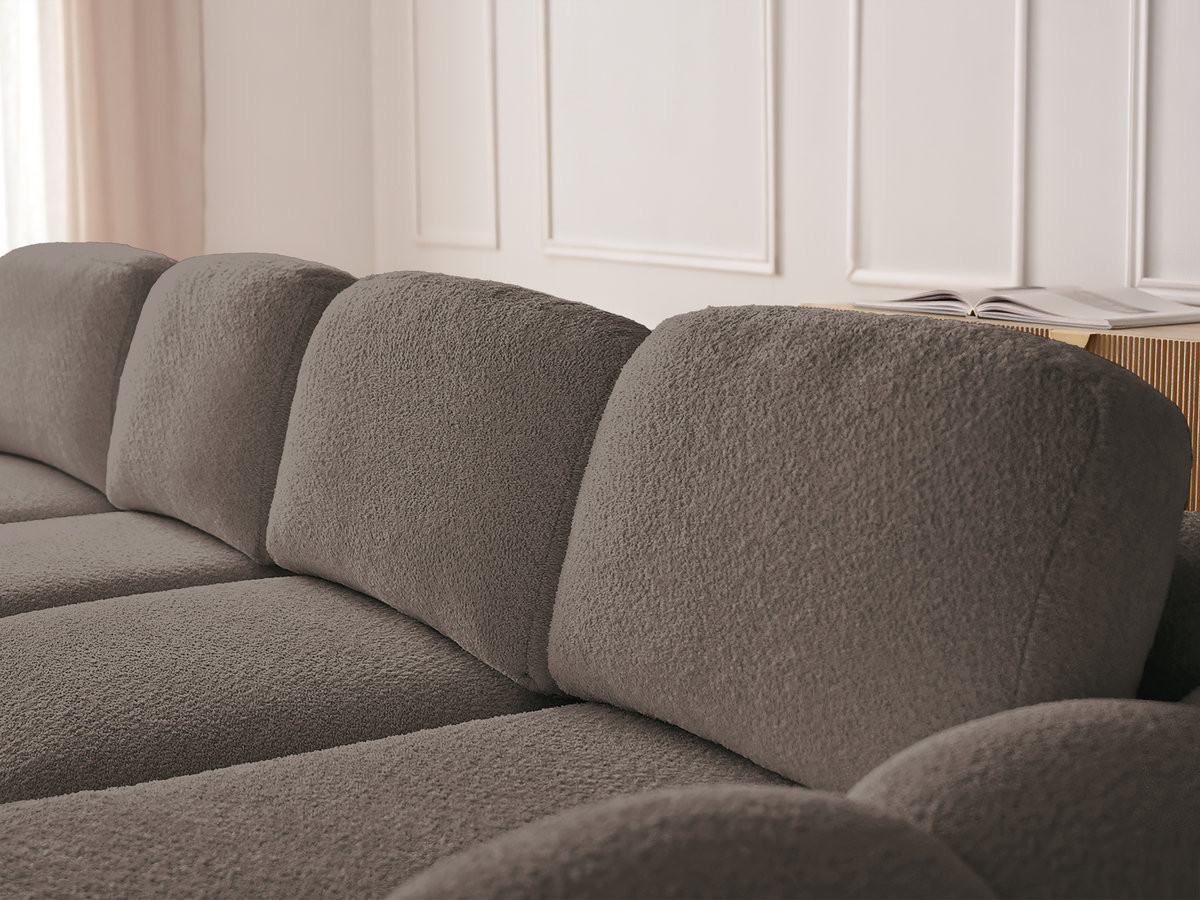 Canapé d'angle convertible coffre grande méridienne MONTAIGNE tissu bouclette avec pouf