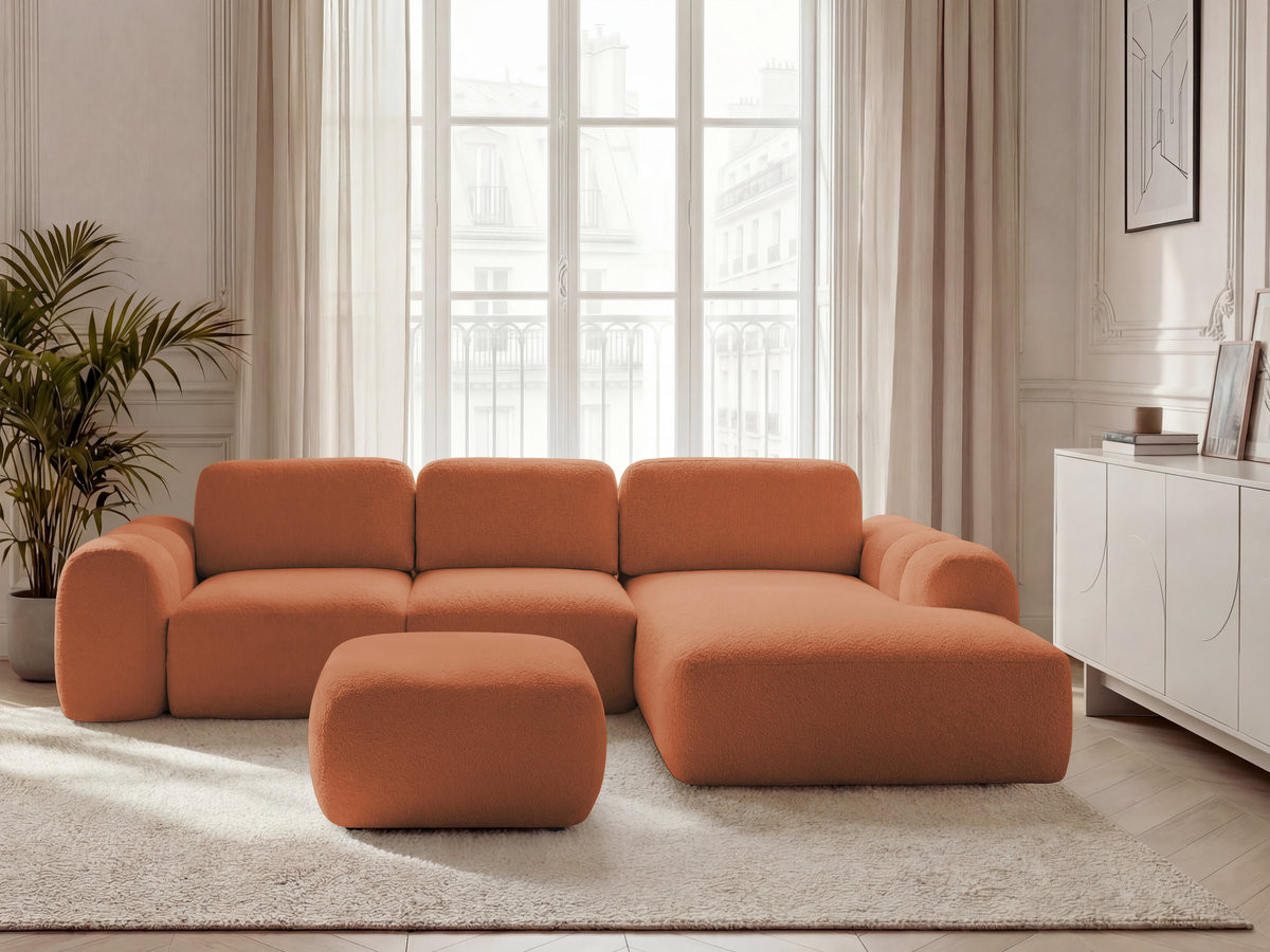 Canapé d'angle convertible coffre grande méridienne MONTAIGNE bouclette avec pouf orange — vue 4