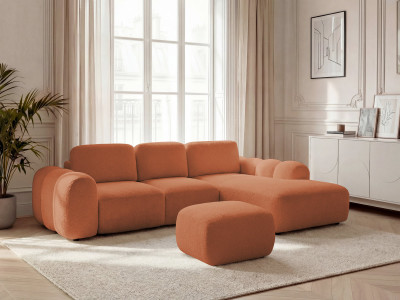 Canapé d'angle convertible coffre grande méridienne MONTAIGNE tissu bouclette avec pouf