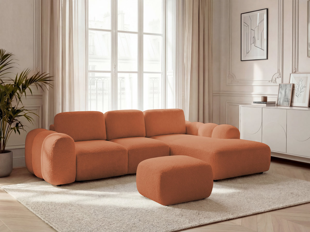 Canapé d'angle convertible coffre grande méridienne MONTAIGNE bouclette avec pouf orange