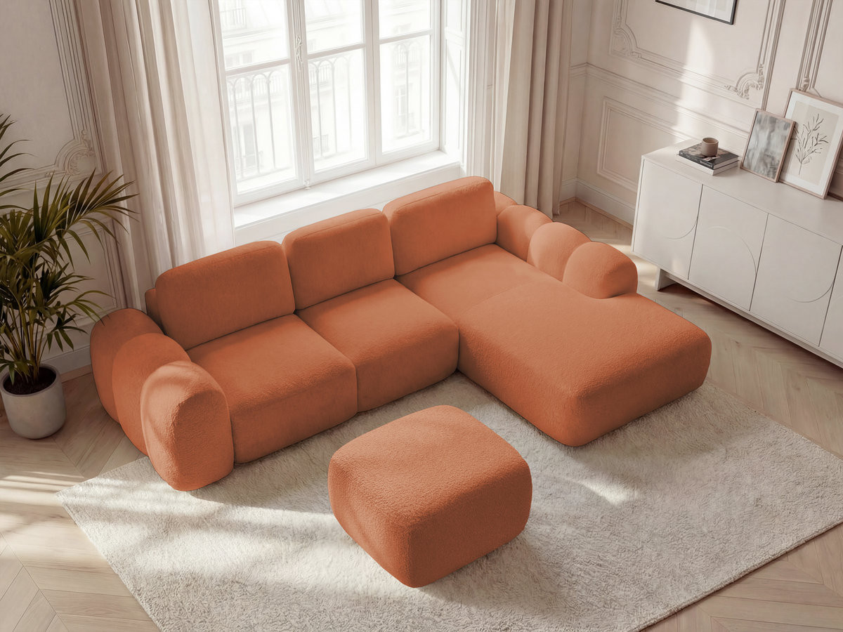Canapé d'angle convertible coffre grande méridienne MONTAIGNE bouclette avec pouf orange — vue 6