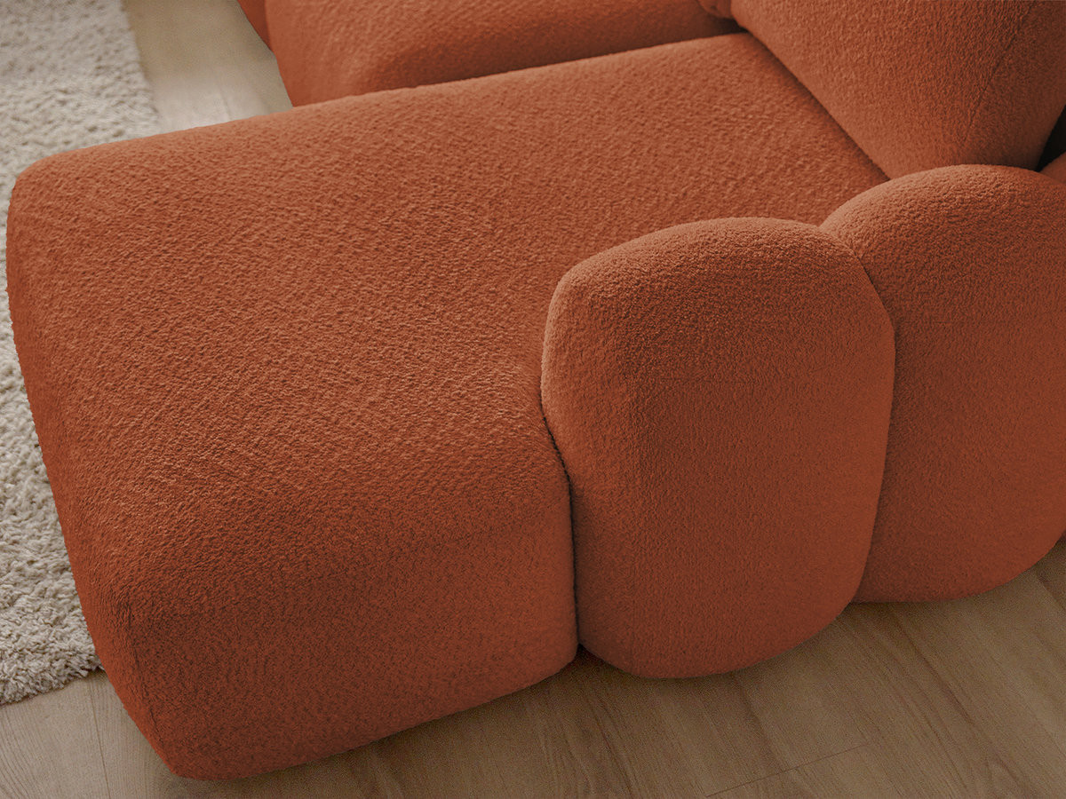 Canapé d'angle convertible coffre grande méridienne MONTAIGNE tissu bouclette avec pouf