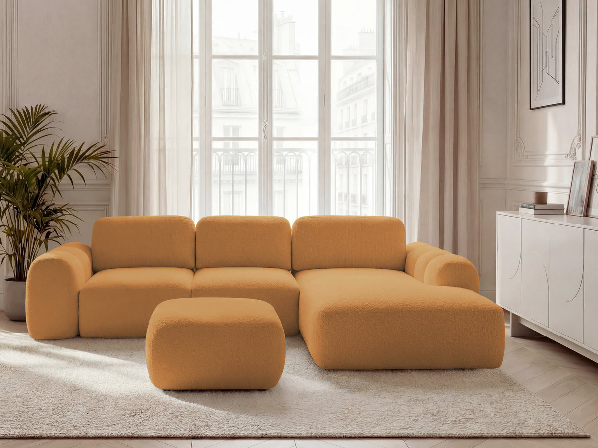 Canapé d'angle convertible coffre grande méridienne MONTAIGNE tissu bouclette avec pouf