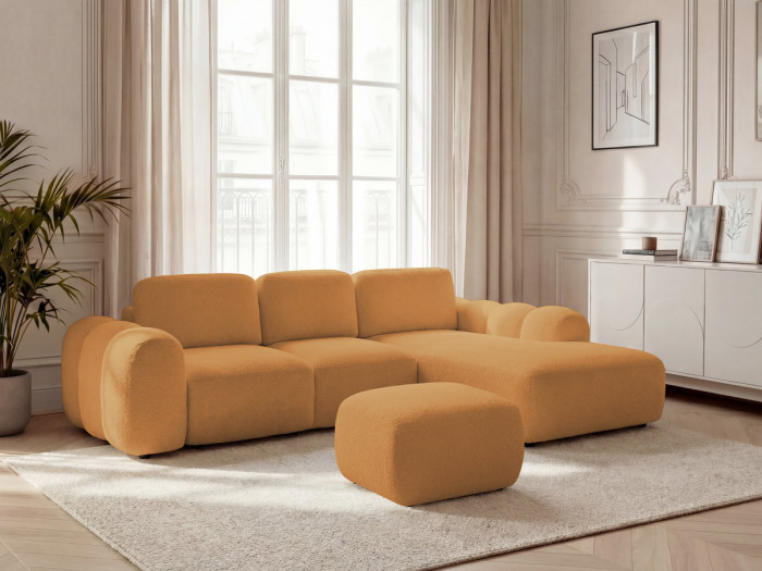 Canapé d'angle L convertible MONTAIGNE tissu bouclette avec pouf