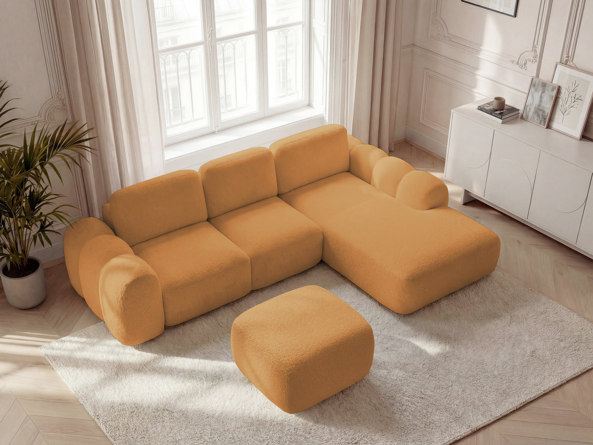 Canapé d'angle convertible coffre grande méridienne MONTAIGNE bouclette avec pouf jaune — vue 6
