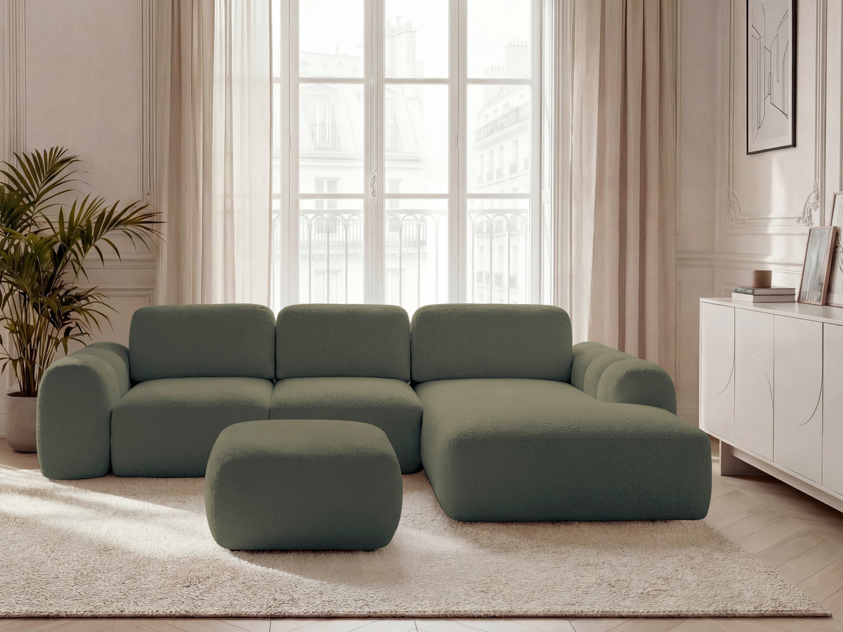 Canapé d'angle convertible coffre grande méridienne MONTAIGNE tissu bouclette avec pouf
