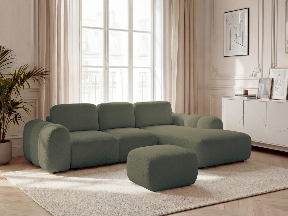 Canapé d'angle convertible coffre grande méridienne MONTAIGNE bouclette avec pouf vert