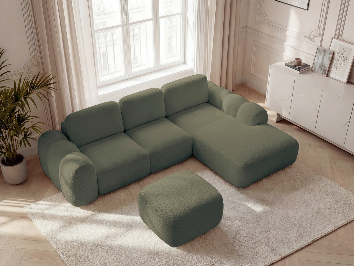 Canapé d'angle convertible coffre grande méridienne MONTAIGNE bouclette avec pouf vert — vue 6