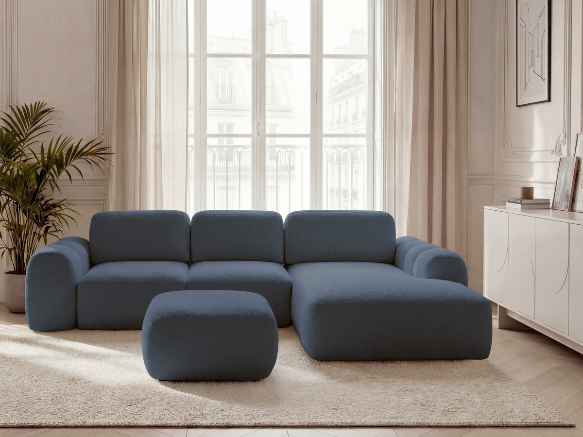 Canapé d'angle convertible coffre grande méridienne MONTAIGNE tissu bouclette avec pouf