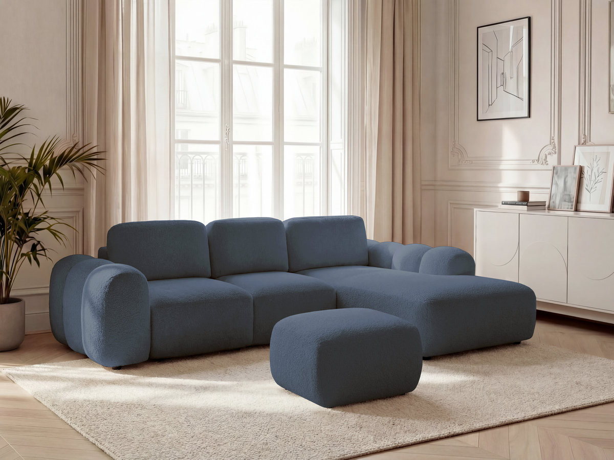 Canapé d'angle L convertible MONTAIGNE tissu bouclette avec pouf