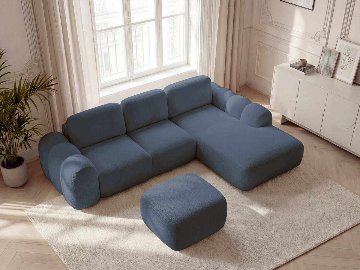 Canapé d'angle convertible coffre grande méridienne MONTAIGNE tissu bouclette avec pouf