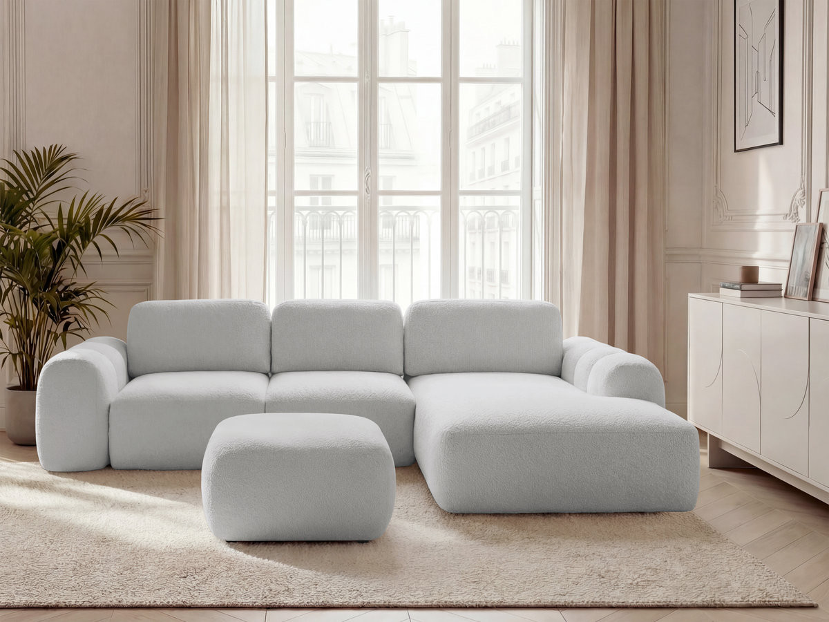 Canapé d'angle convertible coffre grande méridienne MONTAIGNE tissu bouclette avec pouf