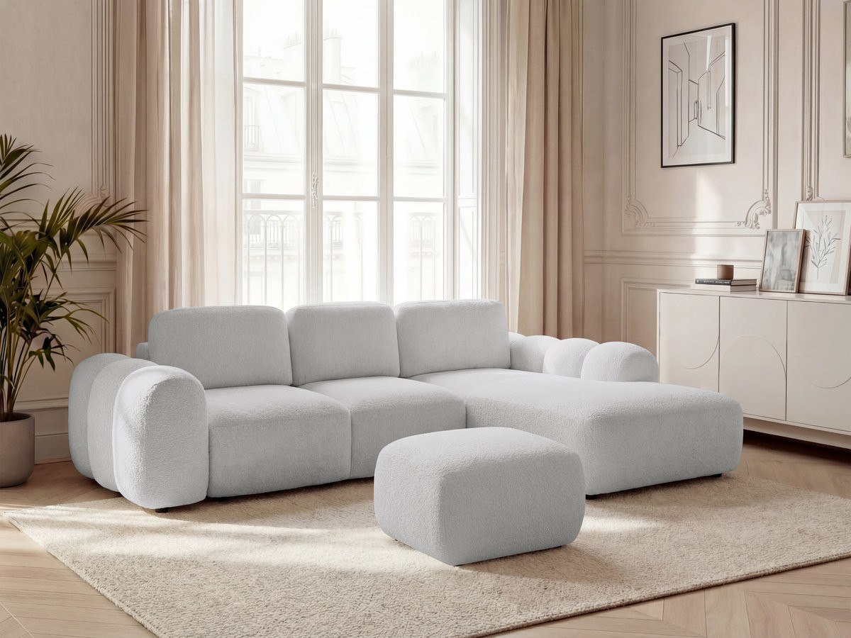 Canapé d'angle L convertible MONTAIGNE tissu bouclette avec pouf