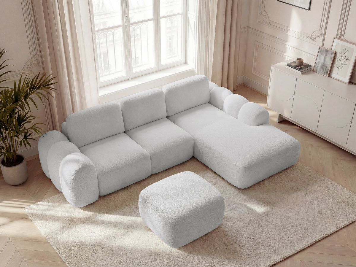 Canapé d'angle convertible coffre grande méridienne MONTAIGNE tissu bouclette avec pouf