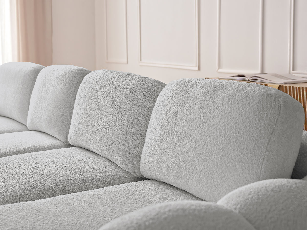 Canapé d'angle convertible coffre grande méridienne MONTAIGNE tissu bouclette avec pouf