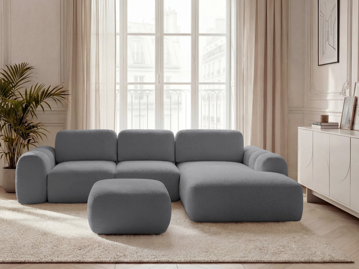 Canapé d'angle convertible coffre grande méridienne MONTAIGNE tissu bouclette avec pouf