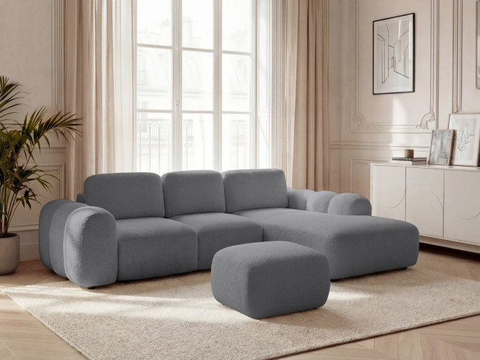 Canapé d'angle L convertible MONTAIGNE tissu bouclette avec pouf