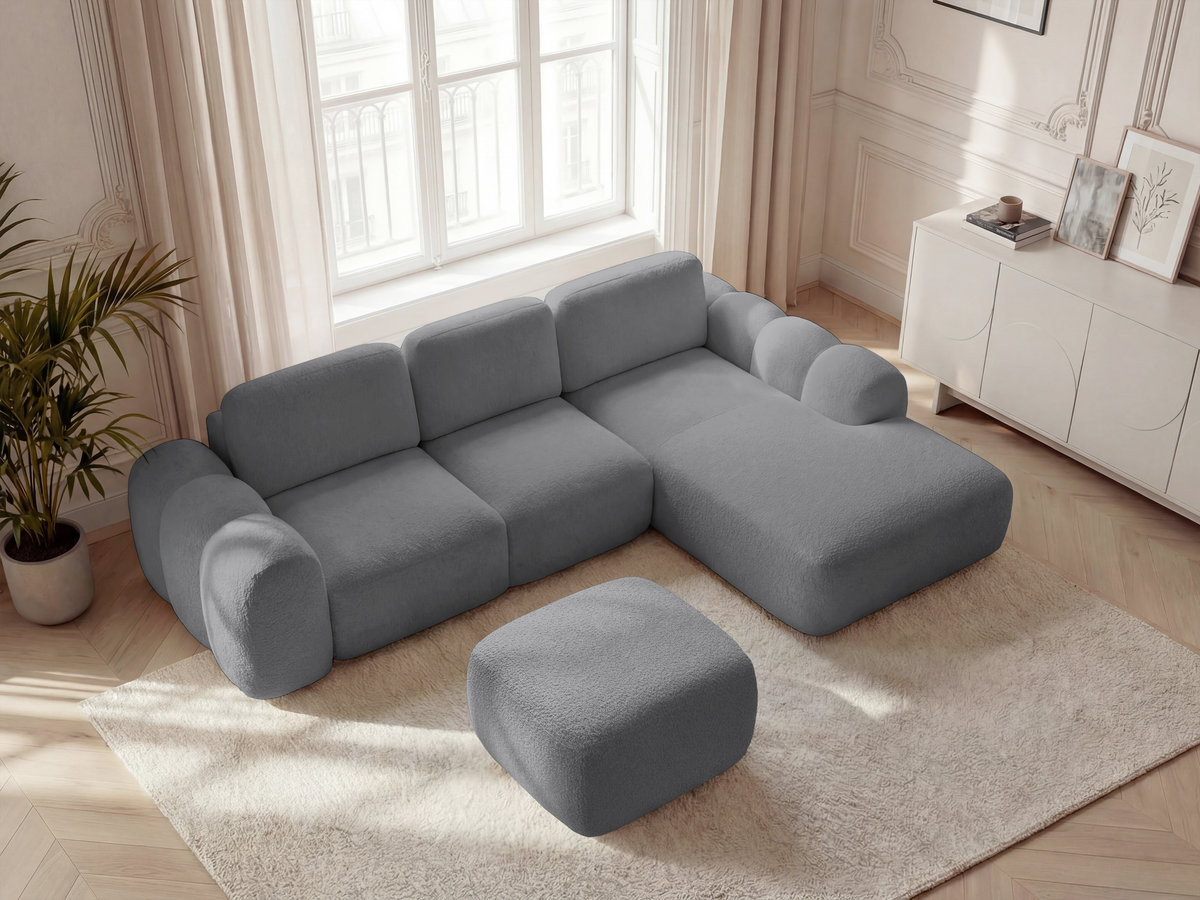 Canapé d'angle convertible coffre grande méridienne MONTAIGNE tissu bouclette avec pouf