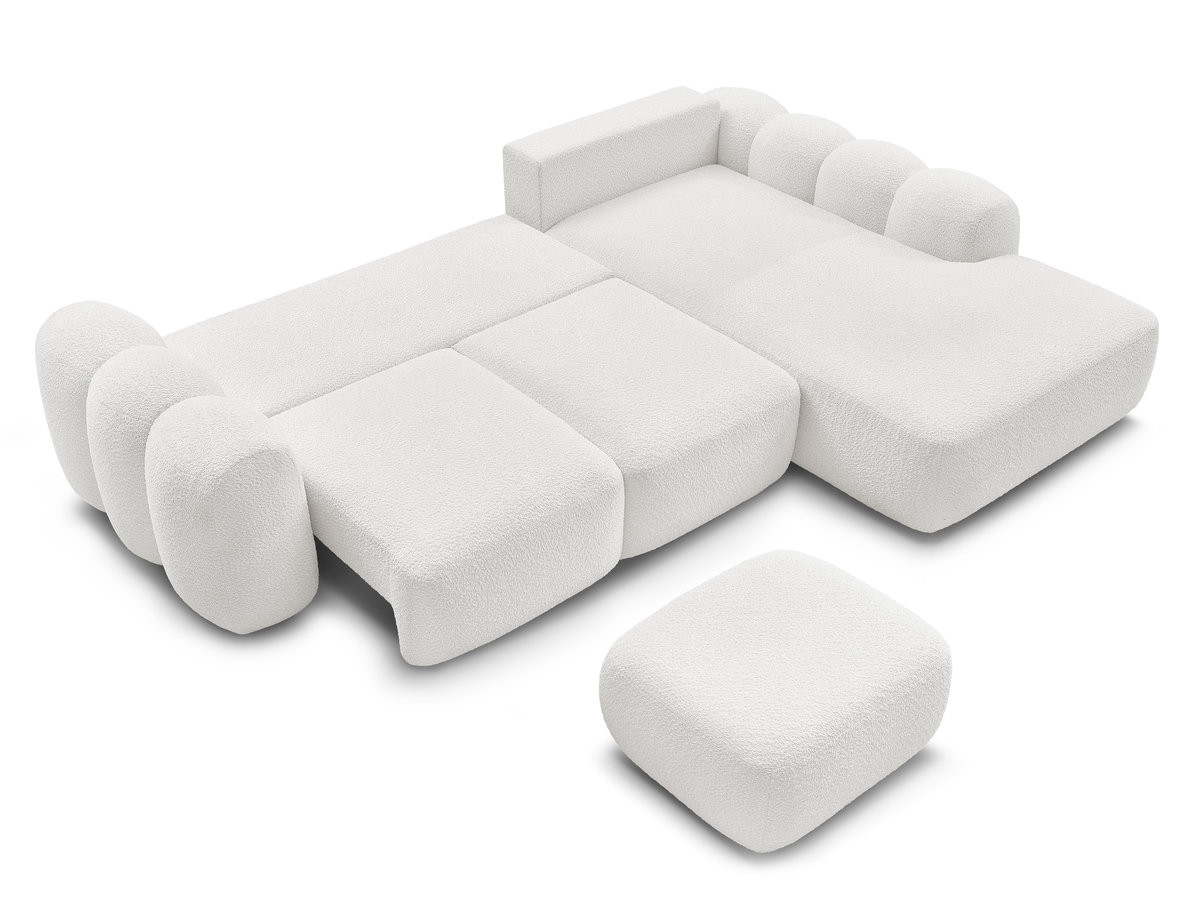 Canapé d'angle convertible coffre grande méridienne MONTAIGNE tissu bouclette avec pouf