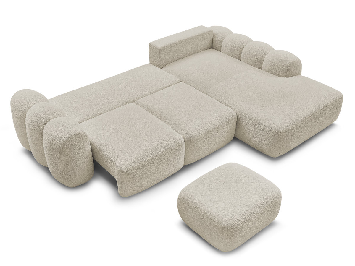 Canapé d'angle convertible coffre grande méridienne MONTAIGNE tissu bouclette avec pouf