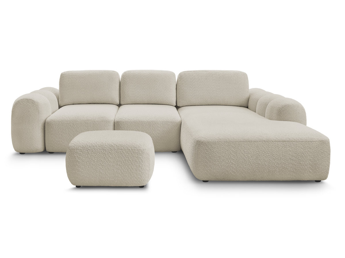 Canapé d'angle convertible coffre grande méridienne MONTAIGNE tissu bouclette avec pouf