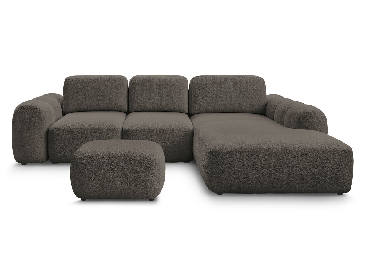 Canapé d'angle convertible coffre grande méridienne MONTAIGNE tissu bouclette avec pouf