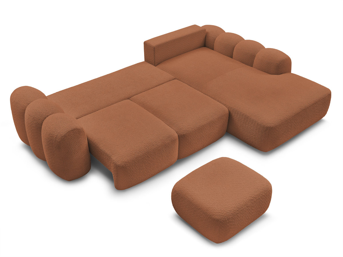 Canapé d'angle convertible coffre grande méridienne MONTAIGNE tissu bouclette avec pouf