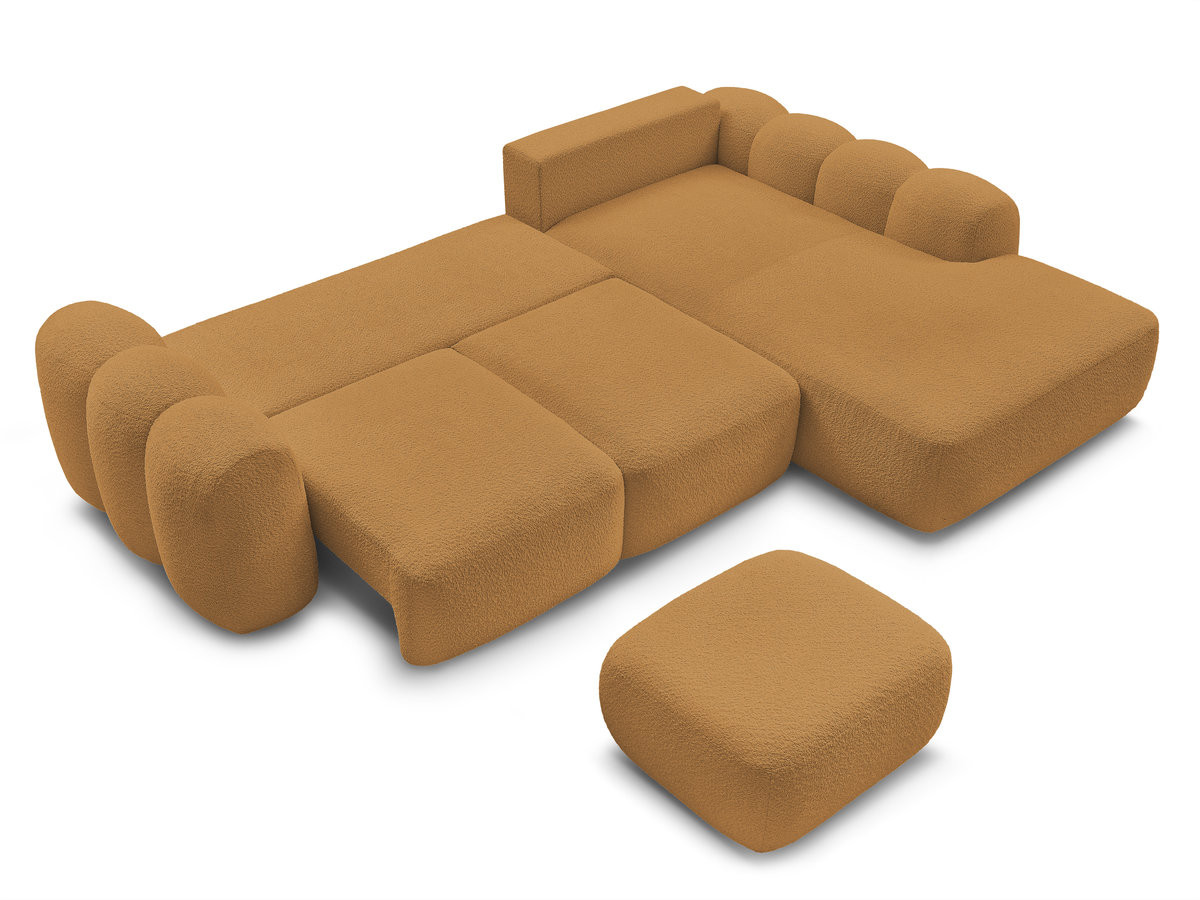 Canapé d'angle convertible coffre grande méridienne MONTAIGNE tissu bouclette avec pouf