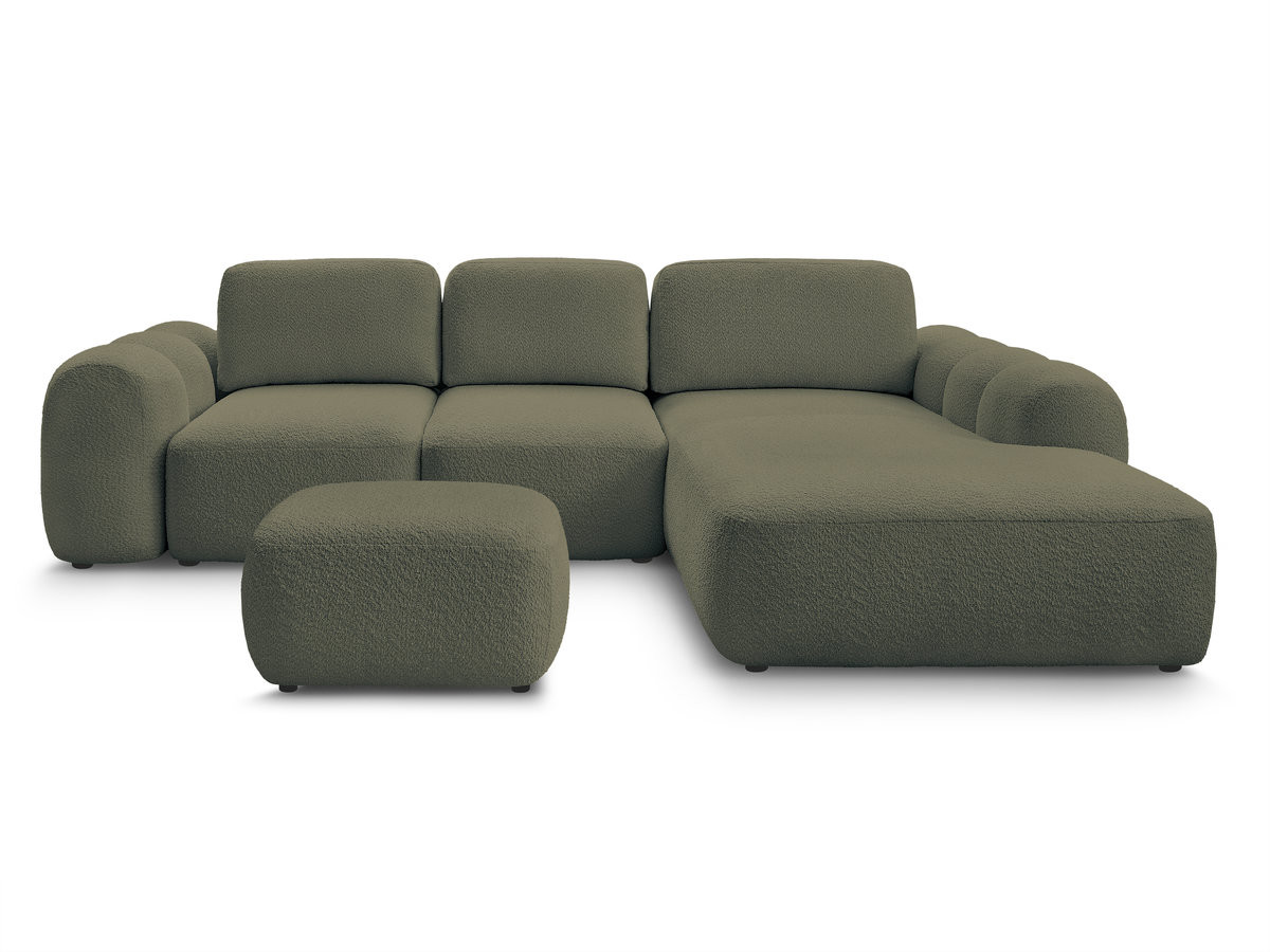 Canapé d'angle convertible coffre grande méridienne MONTAIGNE tissu bouclette avec pouf