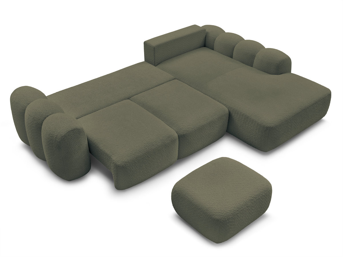 Canapé d'angle convertible coffre grande méridienne MONTAIGNE tissu bouclette avec pouf