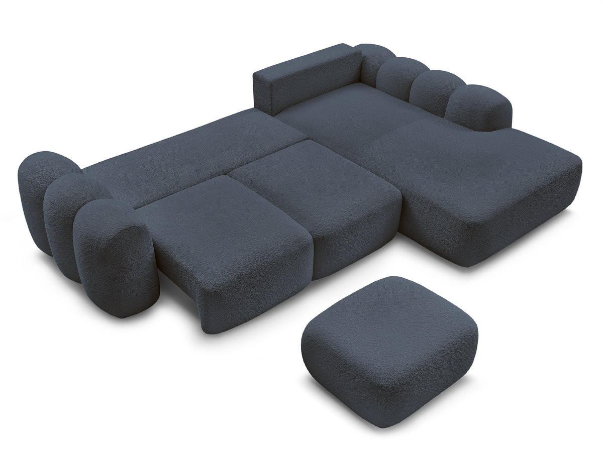 Canapé d'angle convertible coffre grande méridienne MONTAIGNE tissu bouclette avec pouf
