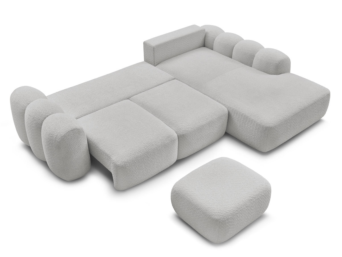 Canapé d'angle convertible coffre grande méridienne MONTAIGNE tissu bouclette avec pouf