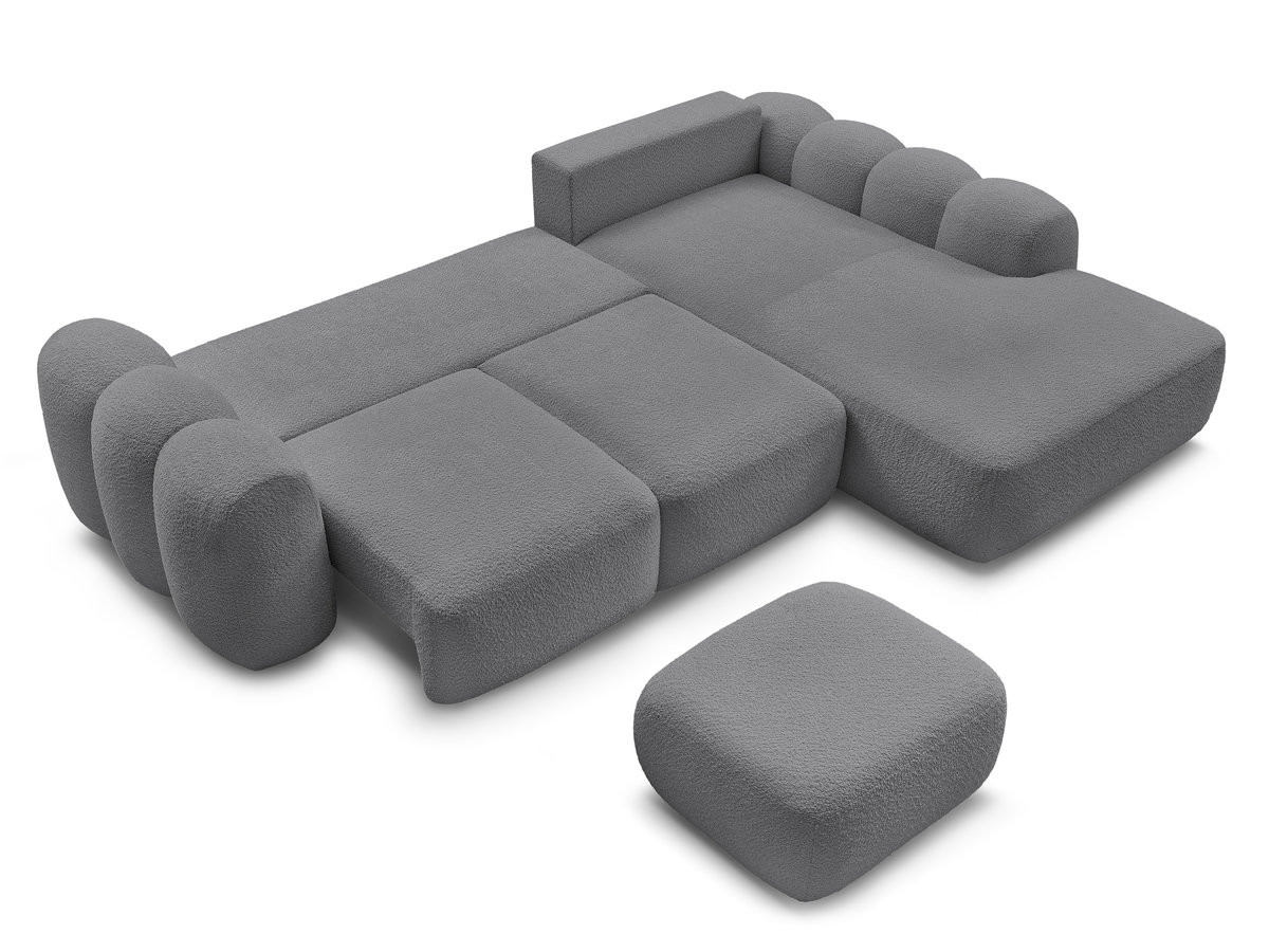 Canapé d'angle convertible coffre grande méridienne MONTAIGNE tissu bouclette avec pouf