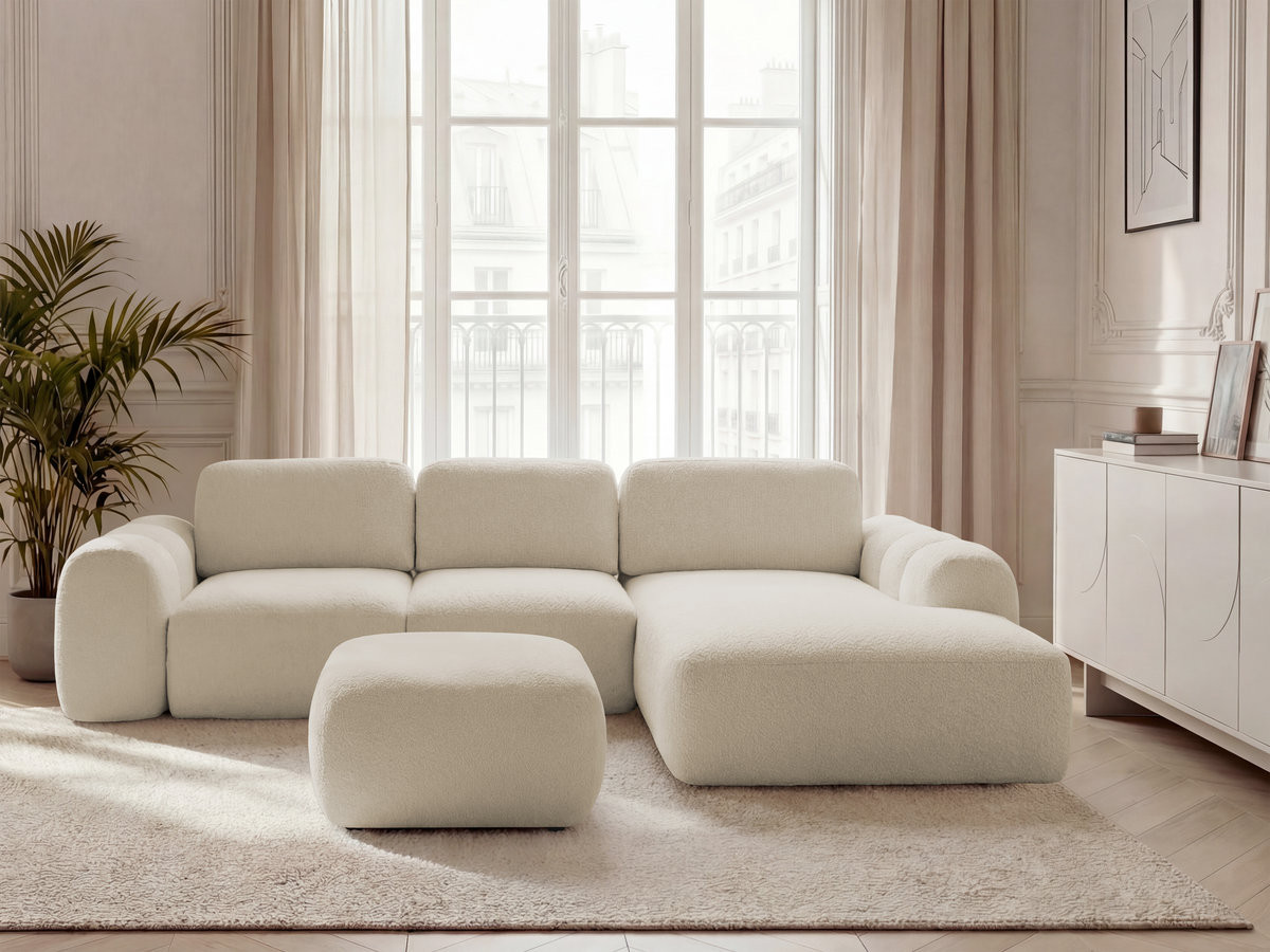 Canapé d'angle convertible coffre grande méridienne MONTAIGNE bouclette avec pouf beige — vue 4