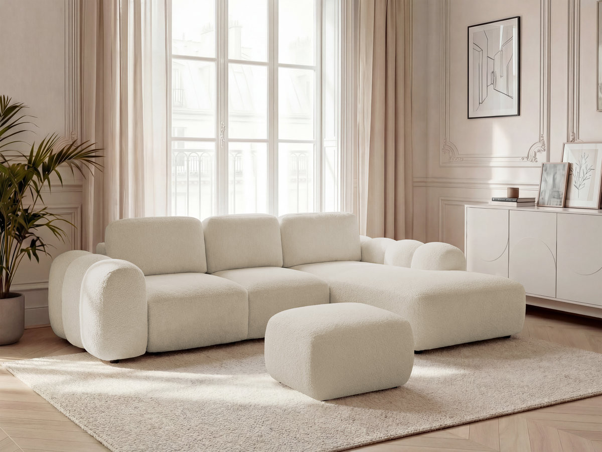 Canapé d'angle convertible coffre grande méridienne MONTAIGNE tissu bouclette avec pouf