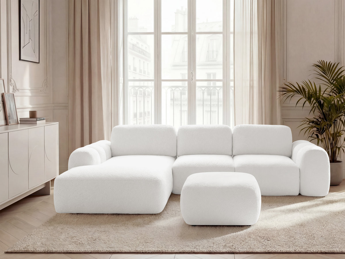 Canapé d'angle convertible coffre grande méridienne MONTAIGNE tissu bouclette avec pouf